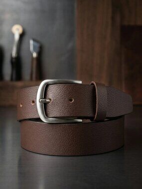 Leather Belt For Men with Classic Heavy Silver Buckle, Brown Belt
